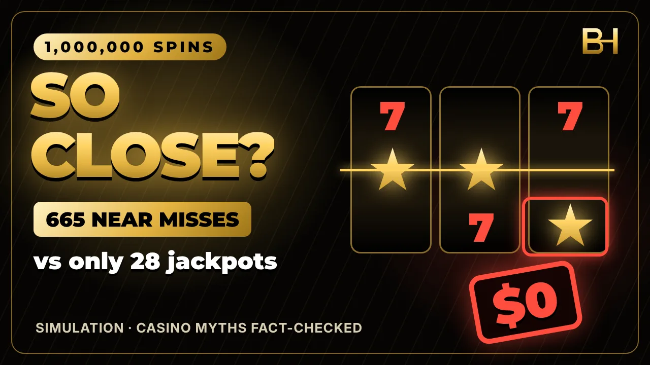 Near miss gambling simulation: 1,000,000 slot spins with 28 jackpots and 665 near misses that each paid $0