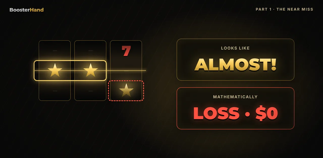 Near miss slot example: two jackpot symbols on the payline, the third just above or below, which is a loss
