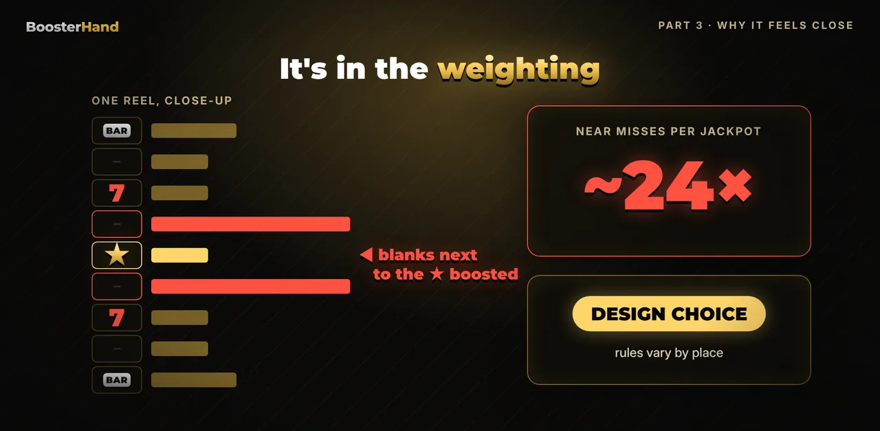 Near miss gambling and reel weighting: equal stops gave about 5 near misses per jackpot, weighted blanks gave 24