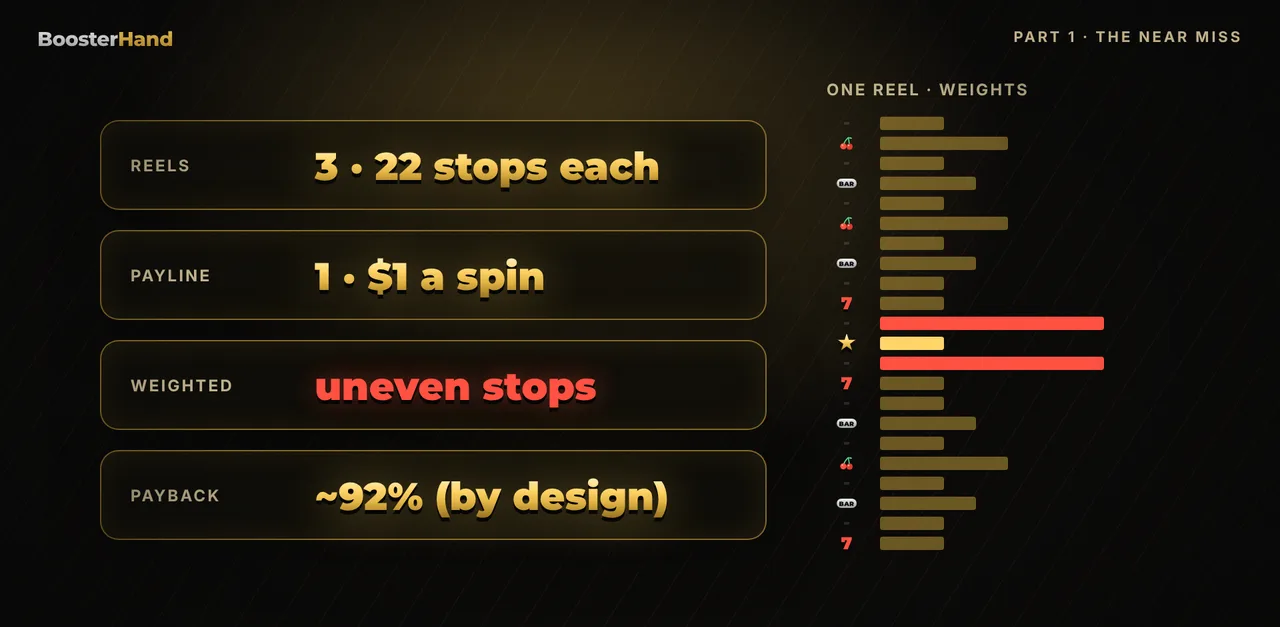 Generic 3-reel slot for near miss gambling test: 22 stops per reel, one payline, weighted reels, about 92% payback