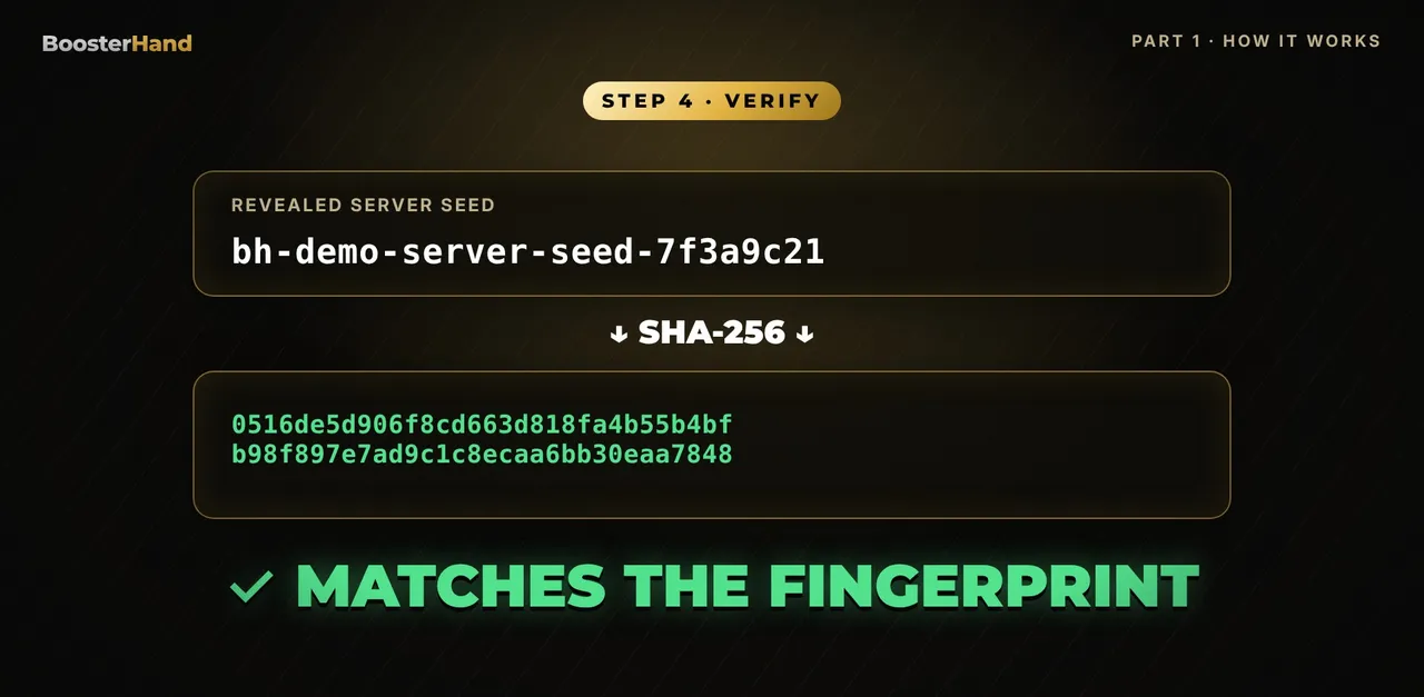 Verify provably fair: the revealed server seed hashes to the same SHA-256 fingerprint shown before betting